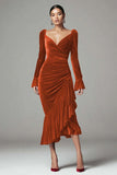 Burgundy Velvet Mermaid Ruched Holiday Party Dress with Ruffles