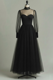 Black Tulle High Neck Long A Line Formal Dress with Sleeves