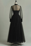 Black Tulle High Neck Long A Line Formal Dress with Sleeves