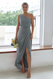 Rust One Shoulder Satin Long Asymmetrical Bridesmaid Dress