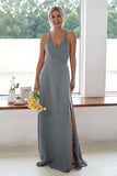 Burgundy A Line Long Bridesmaid Dress With Slit