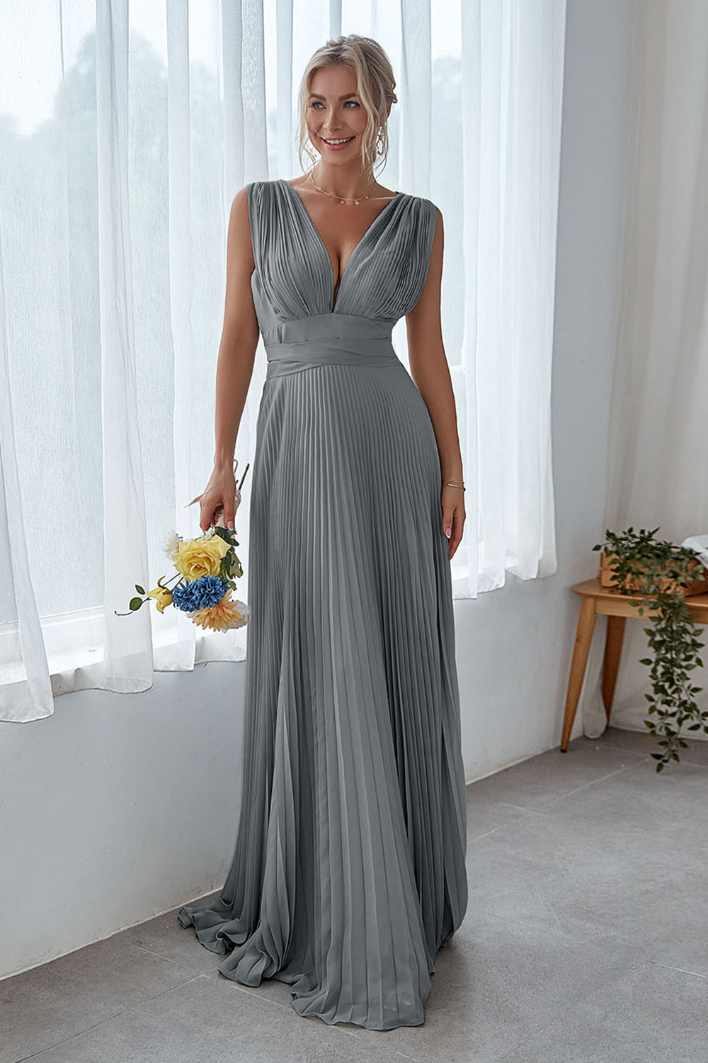 Leely Women Dolphin Grey Long Bridesmaid Dress A Line V Neck Pleated Formal Dress leelyuk Leely Women Dolphin Grey Long Bridesmaid Dress A Line V Neck Pleated Formal Dress leelyuk