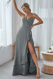 Slate Blue A Line Ruffles Long Bridesmaid Dress With Split