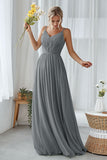 Mint Green A Line V Neck Long Pleated Bridesmaid Dress