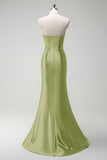 Gorgeous Sage Mermaid Corset Beaded Keyhole Satin Prom Dress with Slit