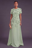 Blue Floral A Line Round Neck Long Formal Dress with Sleeves