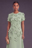 Blue Floral A Line Round Neck Long Formal Dress with Sleeves
