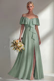 A Line Burgundy Ruffed Off the Shoulder Long Bridesmaid Dress with Slit