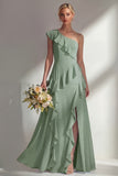 Light Pink One Shoulder Ruffled Long Bridesmaid Dress with Slit