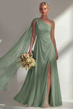 Burgundy One Shoulder Backless Ruched Long Bridesmaid Dress with Slit