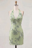 Light Blue Floral Bodycon Halter Neck Short Cocktail Party Dress