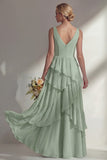 Sea Glass V Neck Ruffled Sleeveless Long Bridesmaid Dress