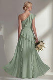 Light Pink One Shoulder Ruffled Long Bridesmaid Dress with Slit