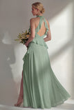 Butter Yellow Ruffled Halter Neck A Line Long Bridesmaid Dress with Slit