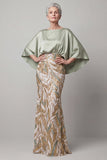 Beaded Sparkly Sheath Champagne Floral Long Mother of the Bride Dress