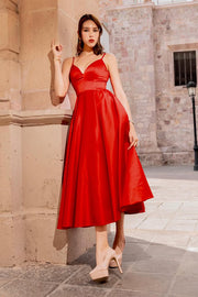 A-Line Red Satin Spaghetti Straps Maxi Formal Dress