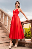 A-Line Red Satin Spaghetti Straps Maxi Formal Dress