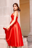 Red Satin A-Line Spaghetti Straps Tea Length Formal Dress