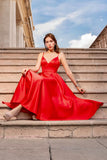 A-Line Red Satin Spaghetti Straps Maxi Formal Dress