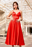 A-Line Red Satin Spaghetti Straps Maxi Formal Dress
