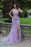 Mermaid Mauve Appliqued Maxi Corset Prom Dress with Slit