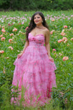 Blush Corset Floral Tiered A-Line Prom Dress with Slit