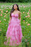 Maxi Blush Corset Tiered A-Line Floral Prom Dress with Slit