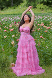 Maxi Blush Corset Tiered A-Line Floral Prom Dress with Slit