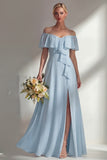 A Line Burgundy Ruffed Off the Shoulder Long Bridesmaid Dress with Slit