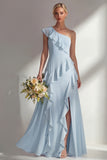 Light Pink One Shoulder Ruffled Long Bridesmaid Dress with Slit