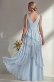 Sea Glass V Neck Ruffled Sleeveless Long Bridesmaid Dress