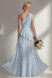 Light Pink One Shoulder Ruffled Long Bridesmaid Dress with Slit