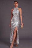 Sparkly Black Mermaid High Neck Sequins Long Formal Dress with Slit