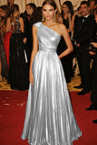 One Shoulder Golden Metallic Pleated A-Line Formal Dress