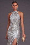 Sparkly Black Mermaid High Neck Sequins Long Formal Dress with Slit