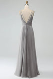 A-Line Pleated Spaghetti Straps Chiffon Bridesmaid Dress With Slit
