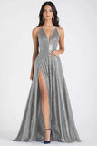 Sparkly Navy A Line Sequined V-Neck Maxi Prom Dress with Slit