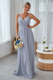 Silver A-Line V Neck Chiffon Long Bridesmaid Dress