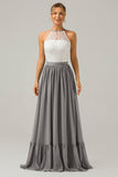 Silver A-Line Halter Pleated Keyhole Chiffon Bridesmaid Dress With Lace