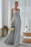 Silver A Line Chiffon Long Bridesmaid Dress With Pockets