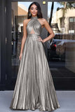 Metallic Gold Halter Keyhole A Line Pleated Long Prom Dress