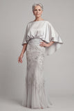 Mermaid Champagne Beaded Satin Round Neck Long Mother of the Bride Dress