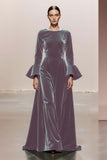 Dark Green Round Neck A Line Velvet Long Formal Dress with Sleeves