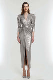Light Gold Sheath Metallic V-Neck Maxi Formal Dress with Sleeves