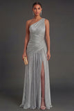 One Shoulder Gold Sheath Ruched Long Formal Dress with Slit