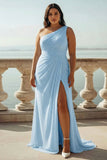 Champagne Chiffon Ruched One Shoulder Beach Maxi Engagement Dress with Slit