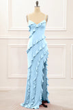 Rust Sheath Spaghetti Straps Long Bridesmaid Dress with Ruffles