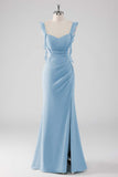 Dusty Blue Sheath Ruffled Maxi Bridesmaid Dress with Slit
