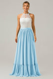 Silver A-Line Halter Pleated Keyhole Chiffon Bridesmaid Dress With Lace