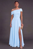 Yellow Off the Shoulder A Line Long Wedding Guest Dress with Slit